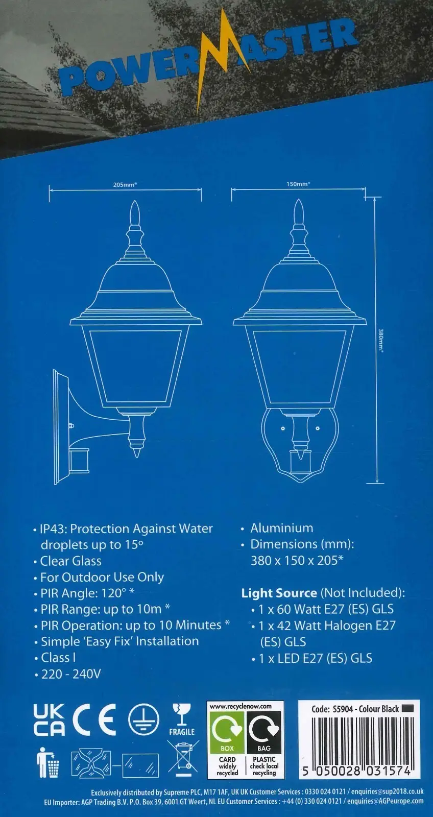 1x 4 Sided PIR Outdoor Wall Lantern Black IP43 E27 Security Light, Bulb Included - image 3 | Free standard UK delivery included | Discount Quality Products