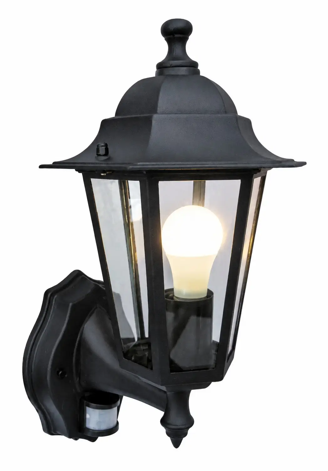 1x 6 Sided PIR Outdoor Wall Lantern Black IP43 E27 Security Light, Bulb Included