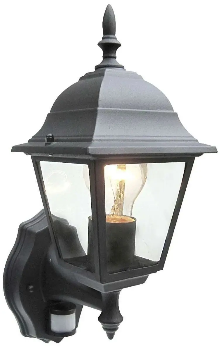 1x 4 Sided PIR Outdoor Wall Lantern Black IP43 E27 Security Light, Bulb Included
