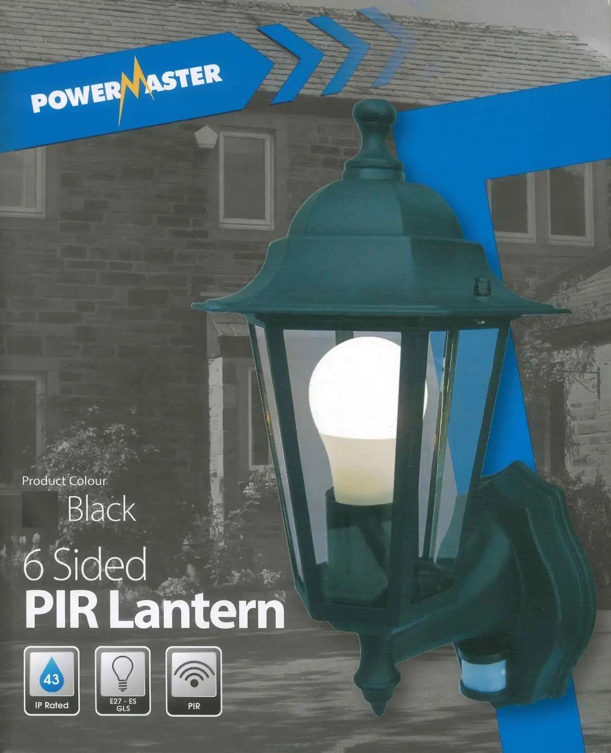 1x 6 Sided PIR Outdoor Wall Lantern Black IP43 E27 Security Light, Bulb Included - image 2 | Free standard UK delivery included | Discount Quality Products